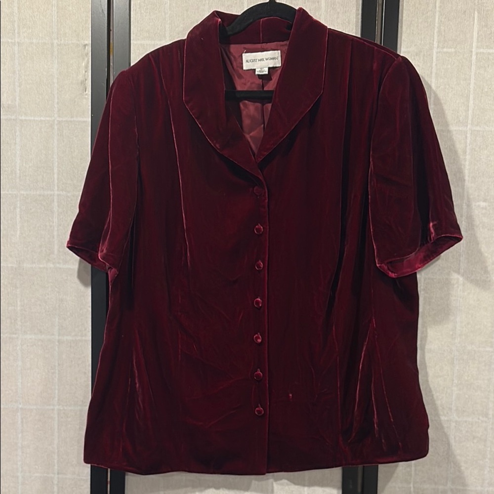 August Max Velvet Button Down    Top- Deep Red